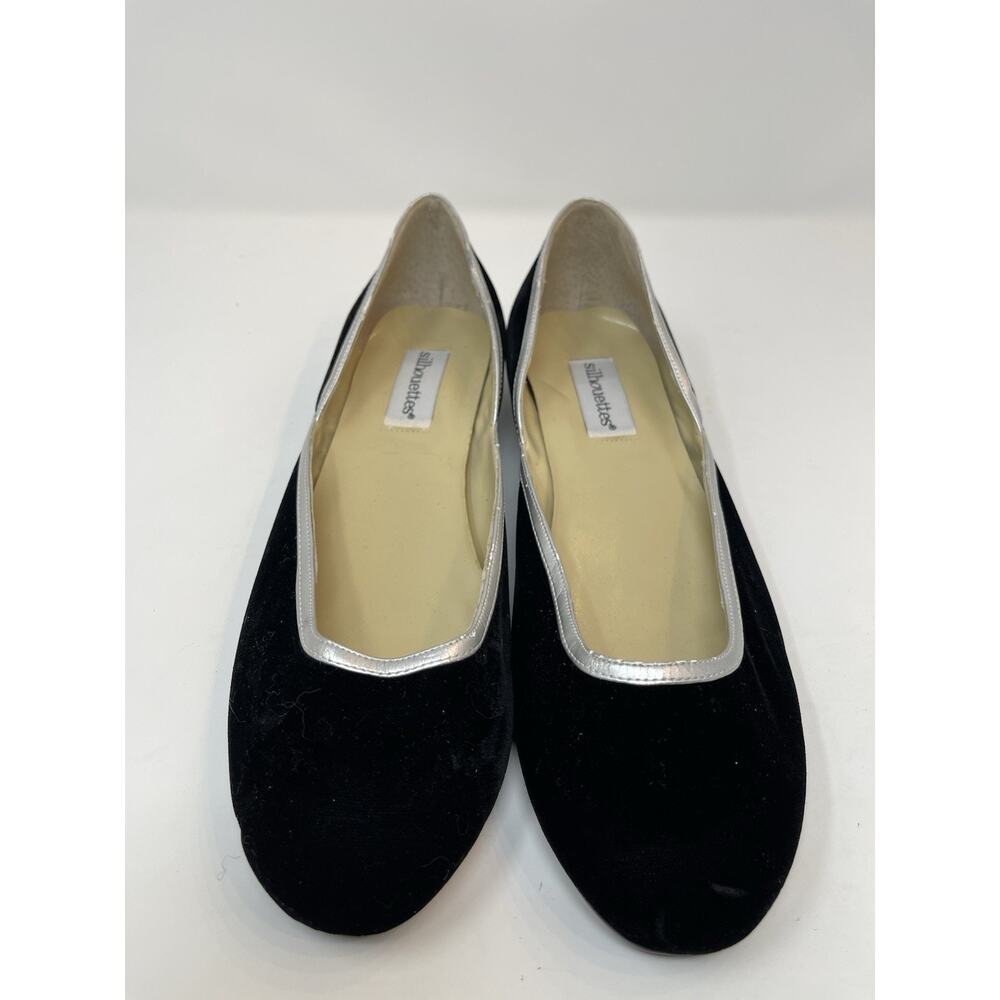 Silhouettes black velvet ballet flats with silver trim Size 10W